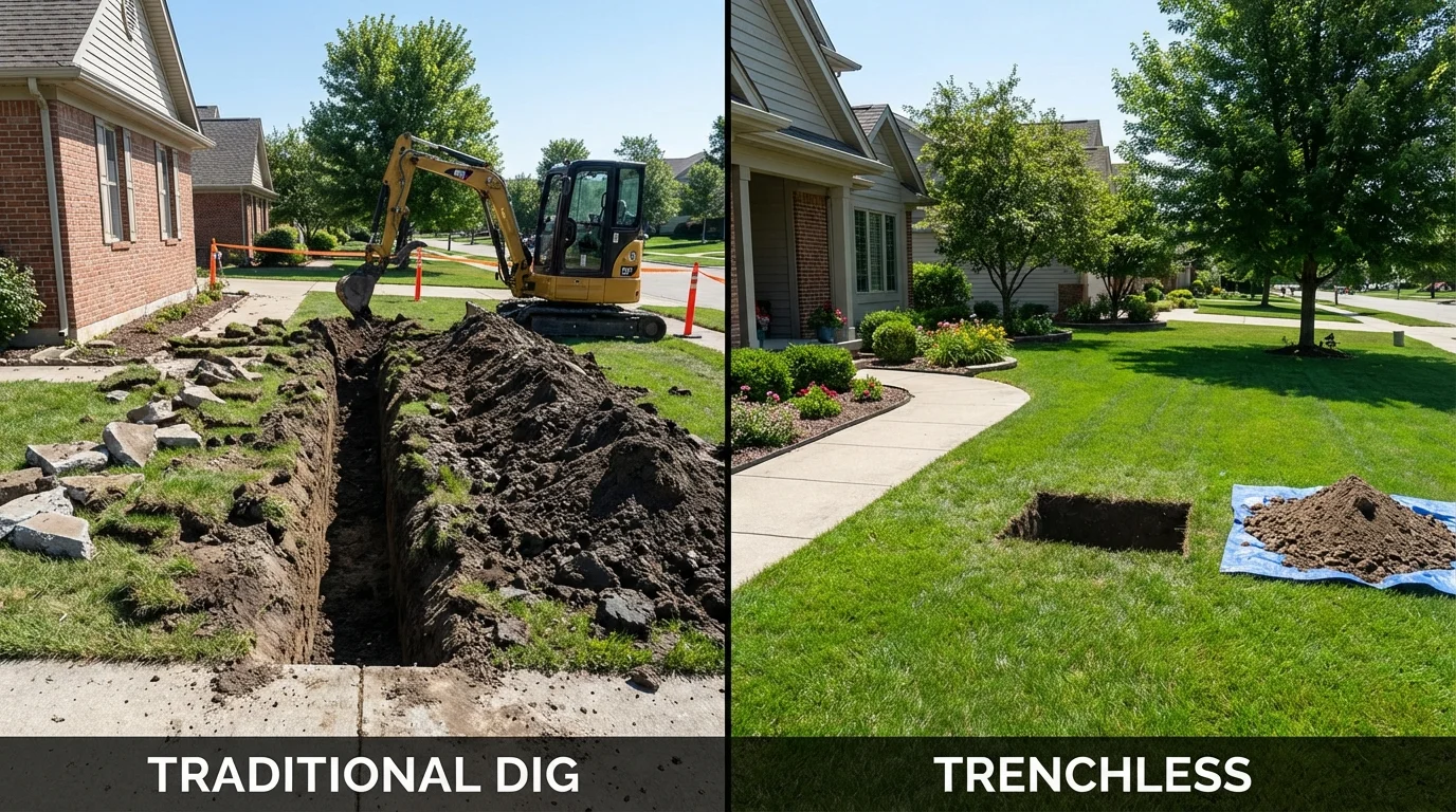 Trenchless sewer repair with minimal yard damage versus traditional excavation in Bolivia, NC